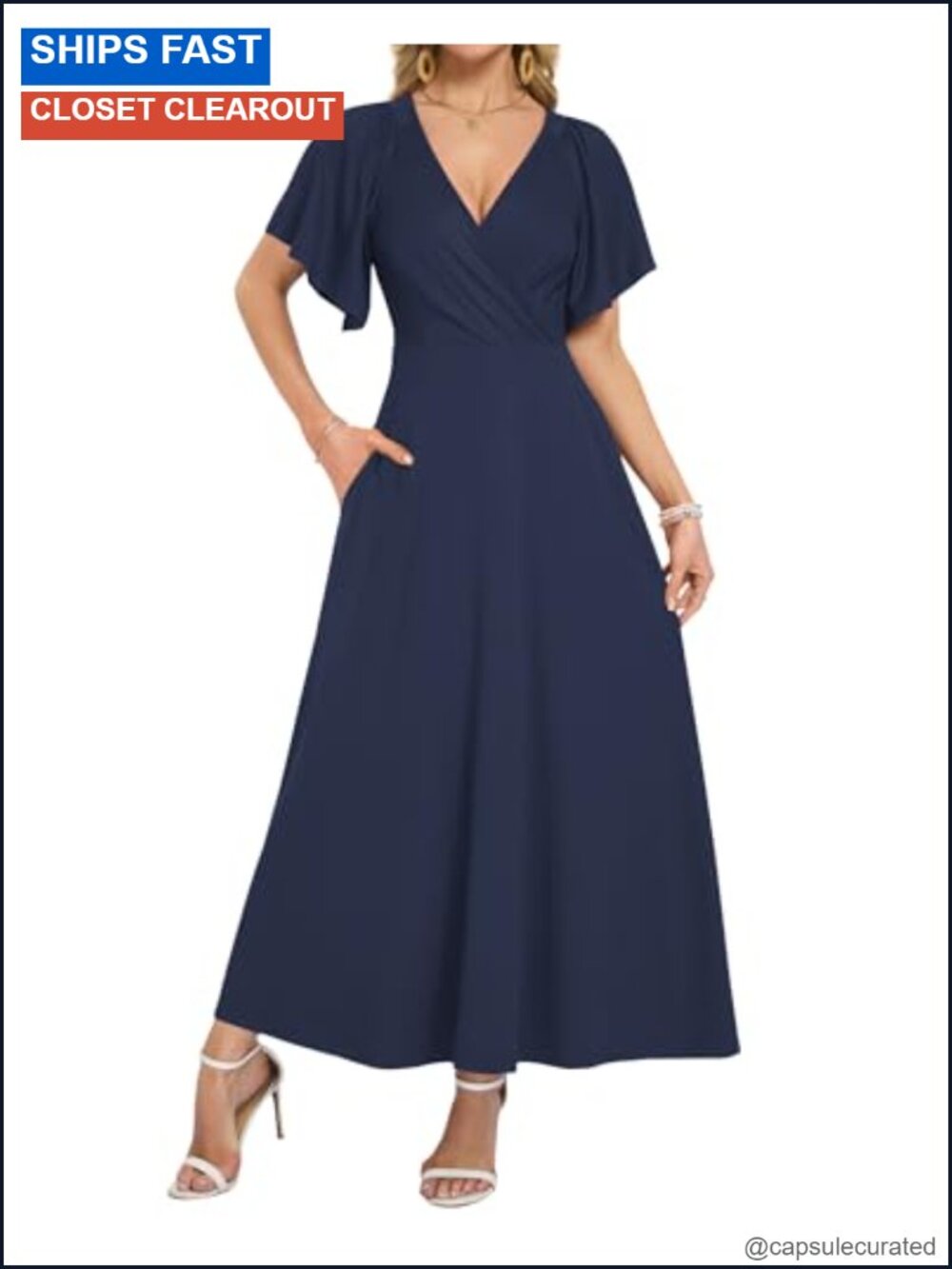 Ruffle Sleeve V Neck Maxi Dress Wrap Empire Waist with Pockets